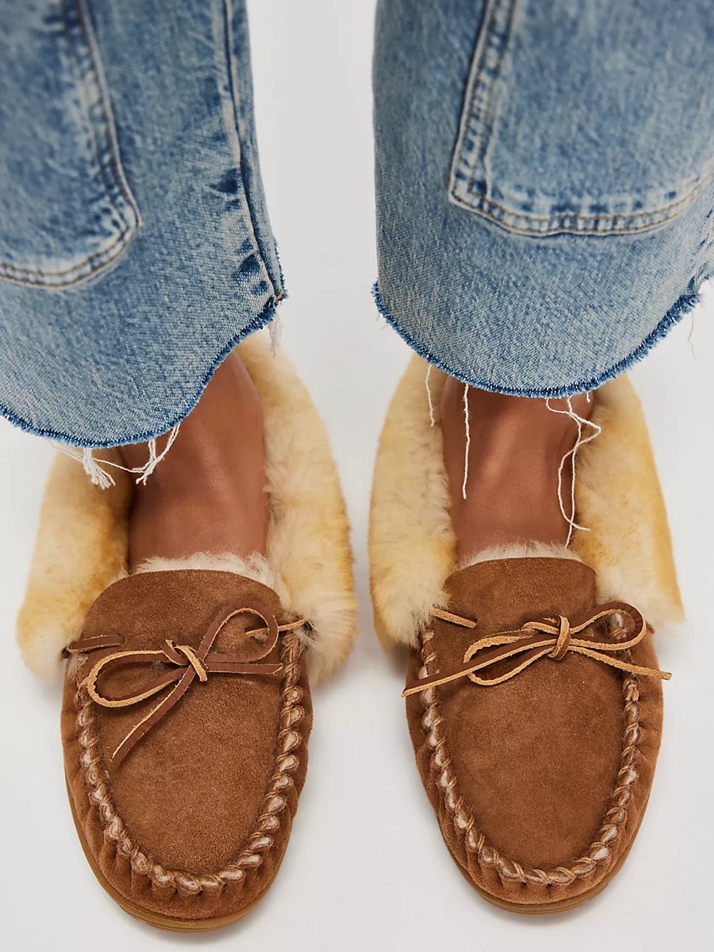 L.L. Bean Chestnut Suede Shearling-Lined Moccasin Slippers